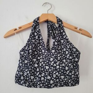 American Eagle Floral Crop Halter Top Navy Blue/White XS